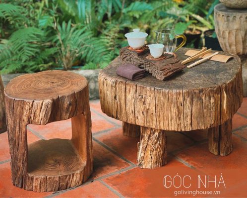 bộ bàn trà gỗ lũa ban công sân vườn