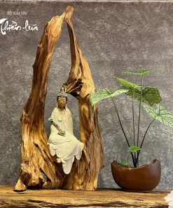 Bộ thiền lũa Tâm An Phật Quán Thế Âm gốm phật sơn và lũa gỗ ngọc am